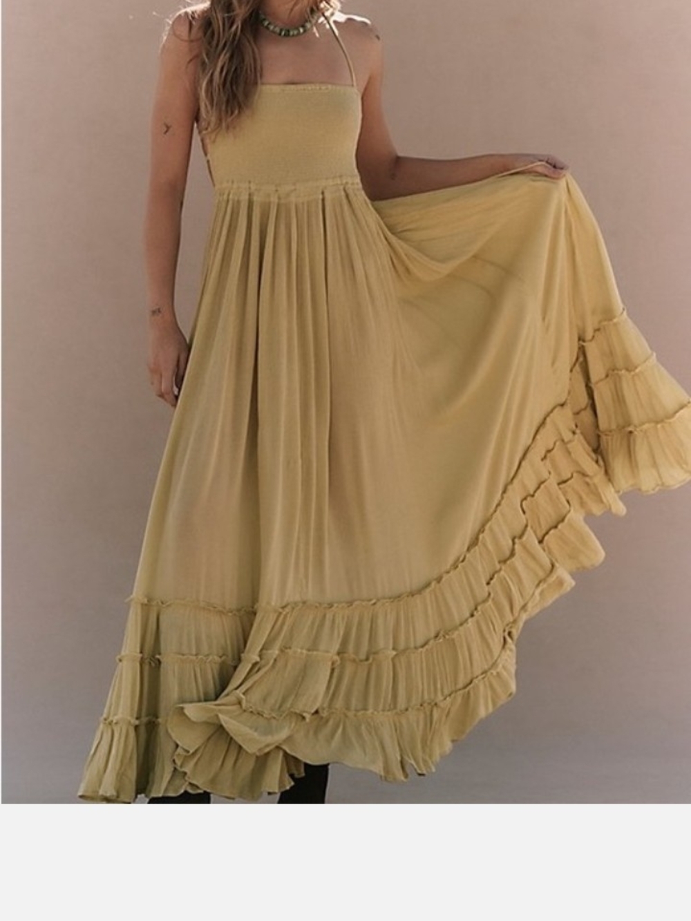 Free People Yellow Smocked Ruffle-Tier Maxi Skirt